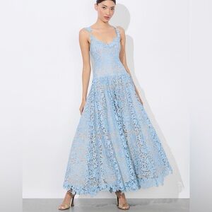 Alice + Olivia Anabella Drop Waist Guipure Blue Lace Maxi Dress